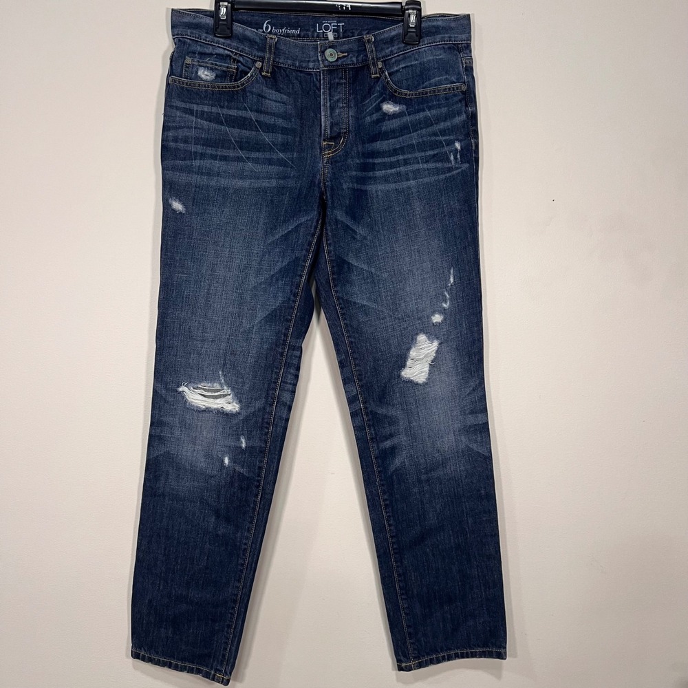 Ann Taylor Loft Boyfriend Jeans 6 Distressed Dark Wash Denim Pants Sz 28 6 - Picture 1 of 6
